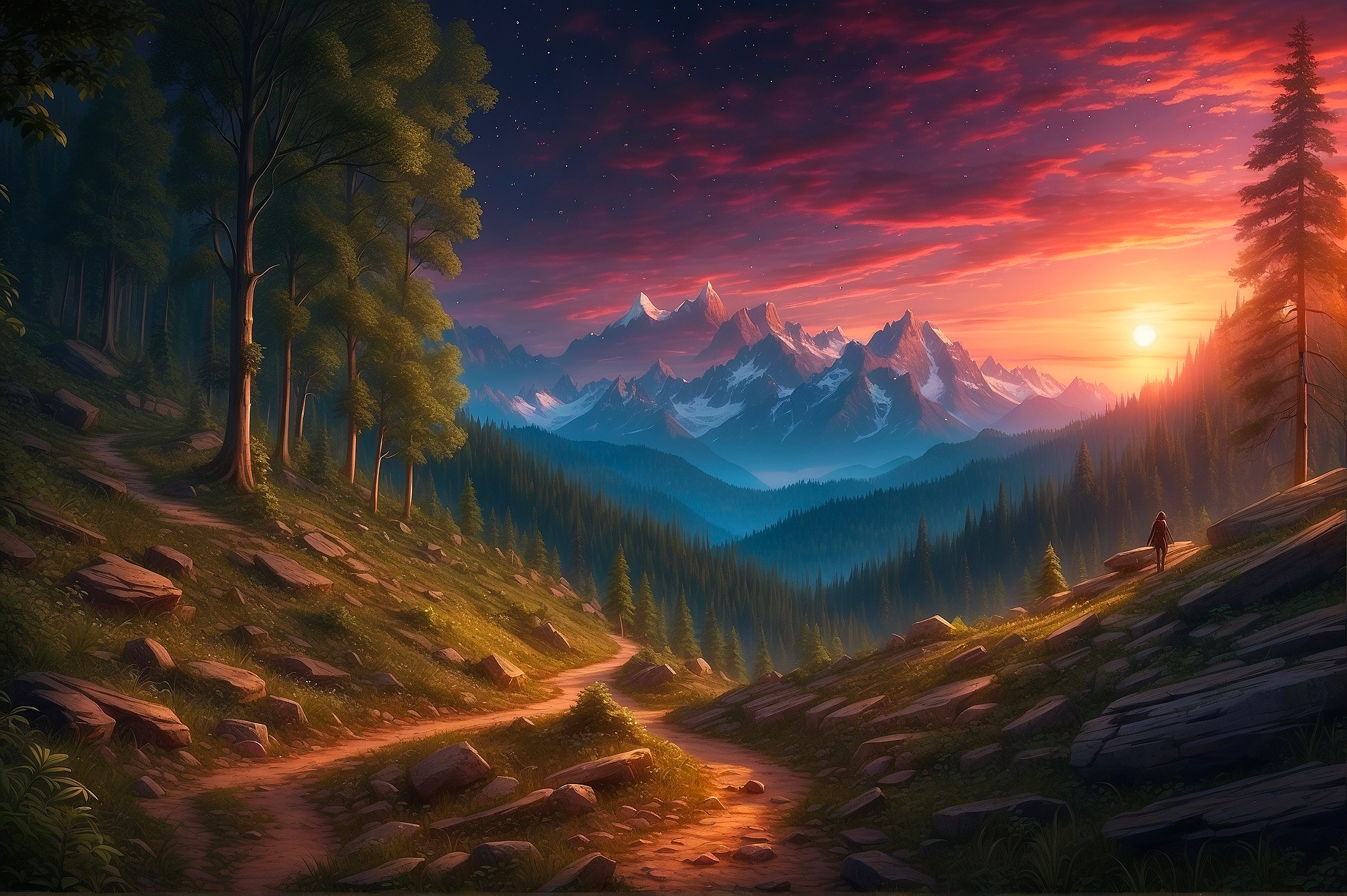 A valley with a mountain range at sunset.